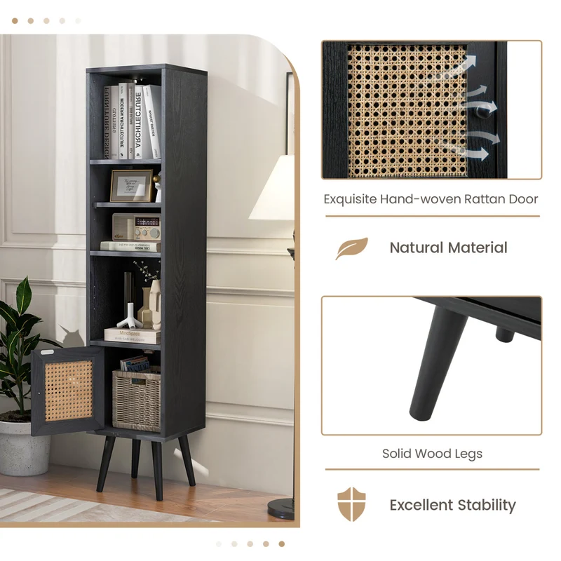 4-Tier Rattan Storage Cabinet, Slim Design, Black