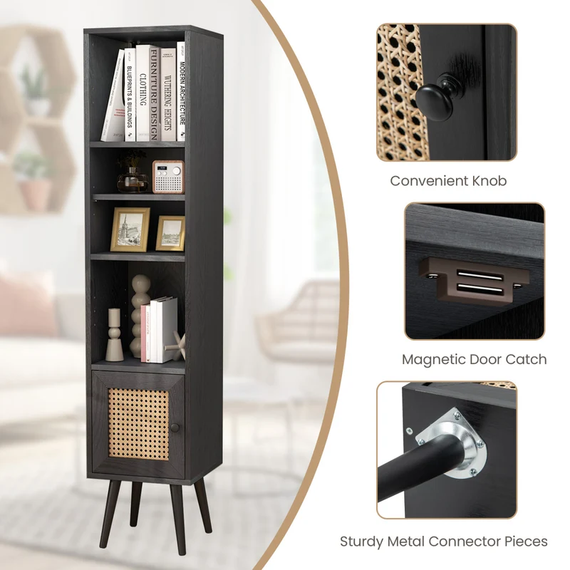 4-Tier Rattan Storage Cabinet, Slim Design, Black