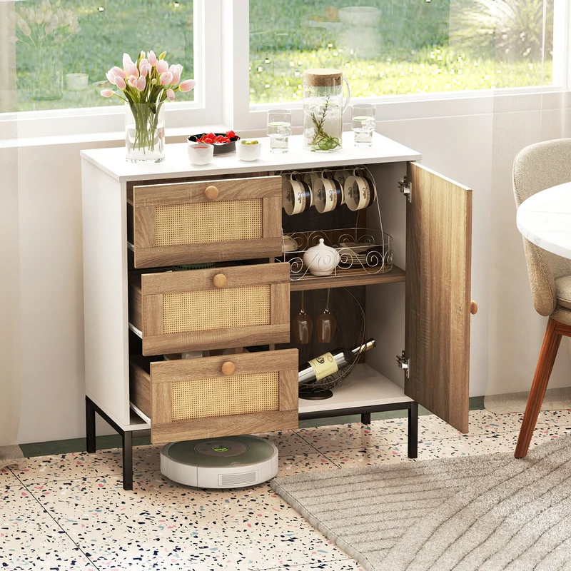 Rattan Sideboard Buffet Cabinet, 1 Door 3 Drawers, White