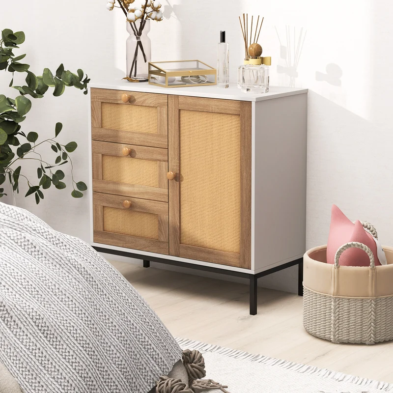 Rattan Sideboard Buffet Cabinet, 1 Door 3 Drawers, White