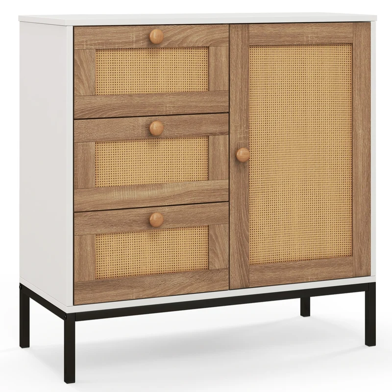 Rattan Sideboard Buffet Cabinet, 1 Door 3 Drawers, White