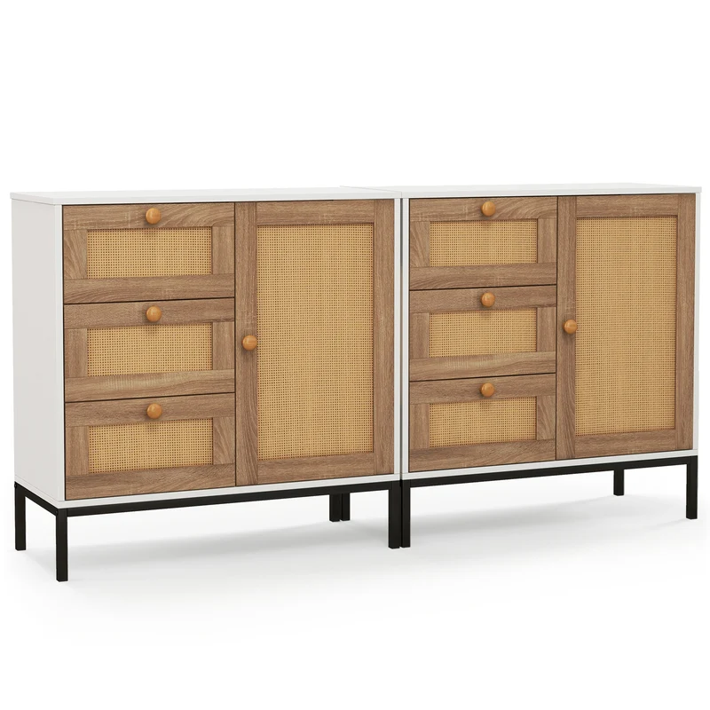 Rattan Sideboard Buffet Cabinet, 1 Door 3 Drawers, White