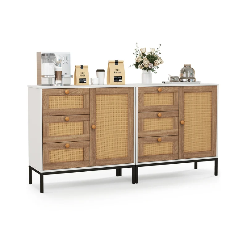 Rattan Sideboard Buffet Cabinet, 1 Door 3 Drawers, White
