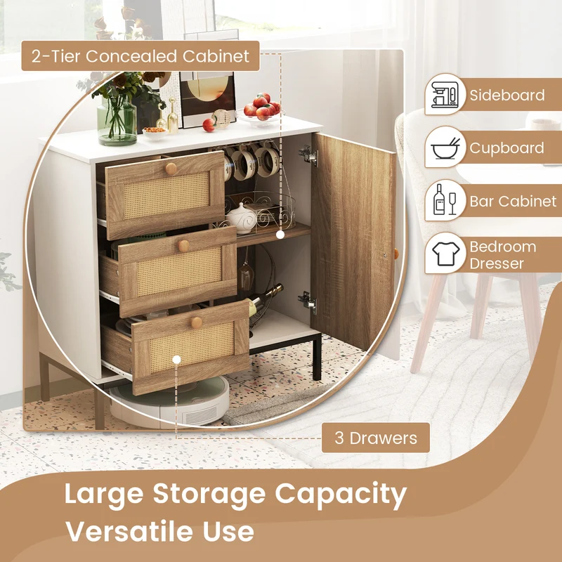 Rattan Sideboard Buffet Cabinet, 1 Door 3 Drawers, White