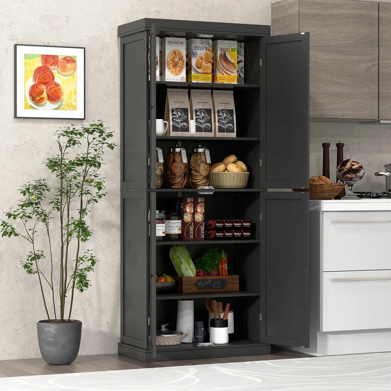 72.5 Inches Tall Buffet Cabinet, 6-Tier Shelves, 4 Doors, Black