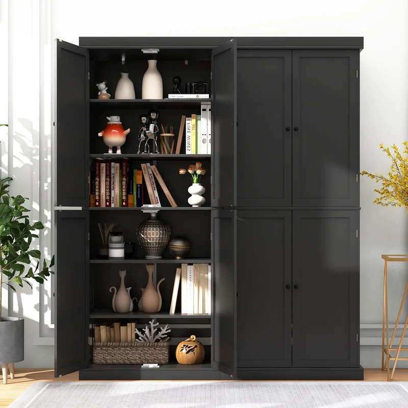 72.5 Inches Tall Buffet Cabinet, 6-Tier Shelves, 4 Doors, Black