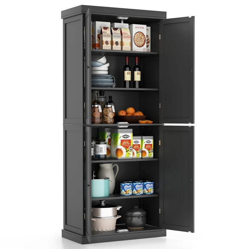 72.5 Inches Tall Buffet Cabinet, 6-Tier Shelves, 4 Doors, Black