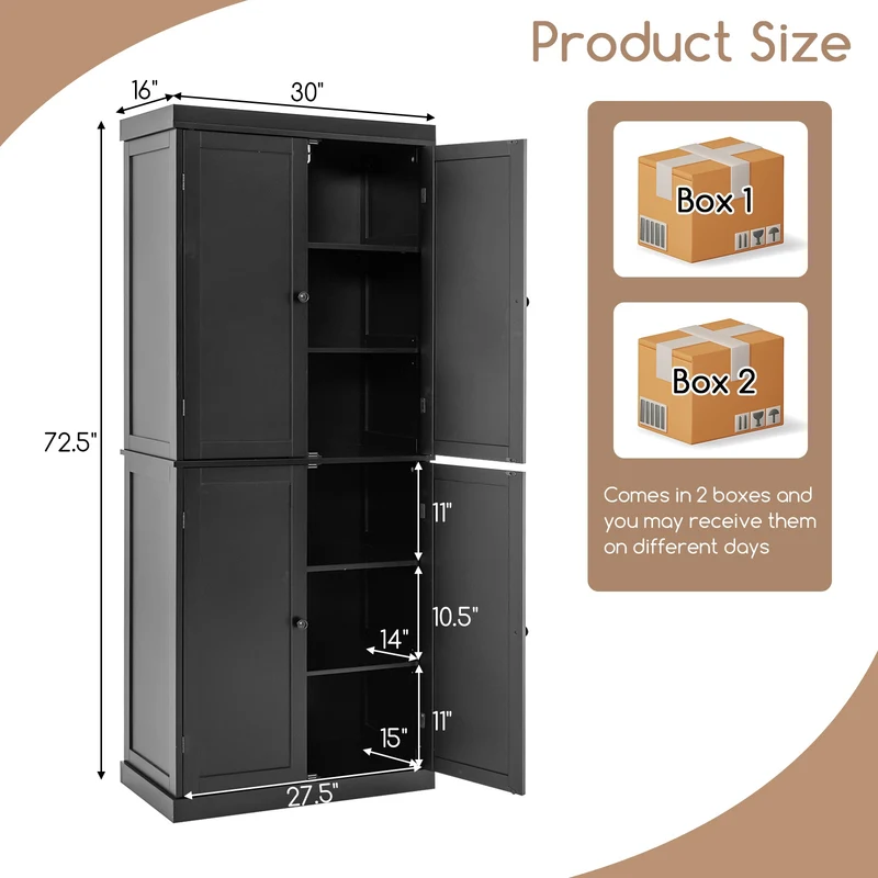 72.5 Inches Tall Buffet Cabinet, 6-Tier Shelves, 4 Doors, Black