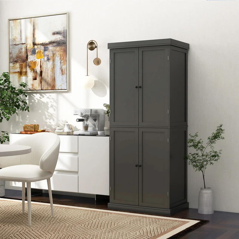 72.5 Inches Tall Buffet Cabinet, 6-Tier Shelves, 4 Doors, Black