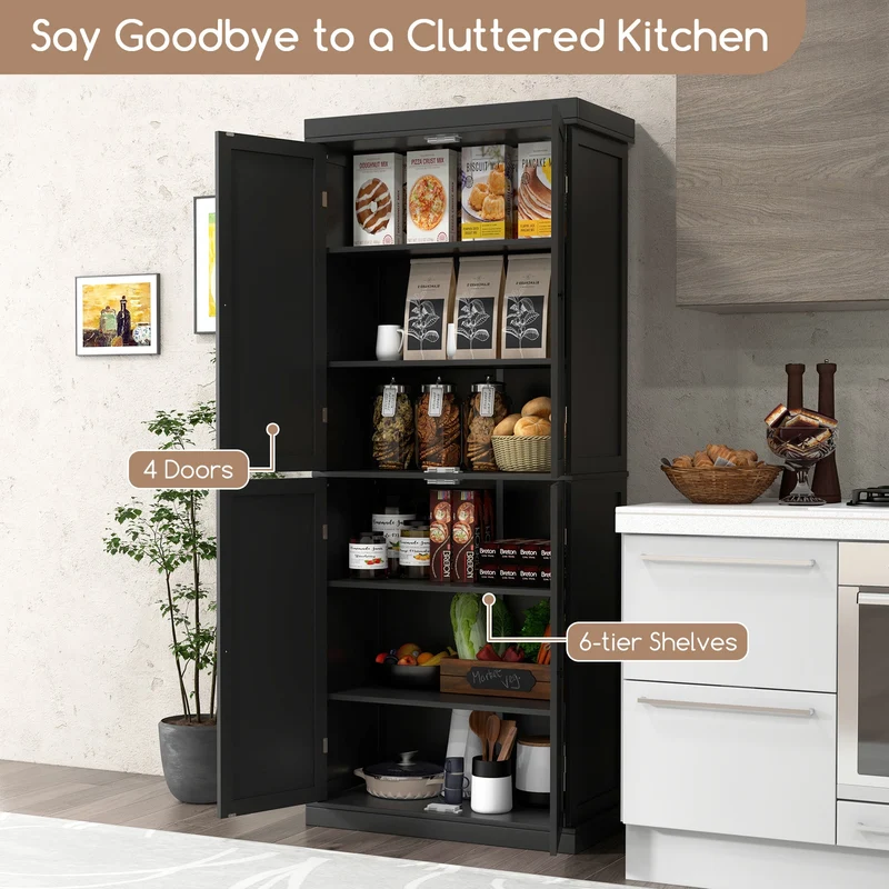 72.5 Inches Tall Buffet Cabinet, 6-Tier Shelves, 4 Doors, Black