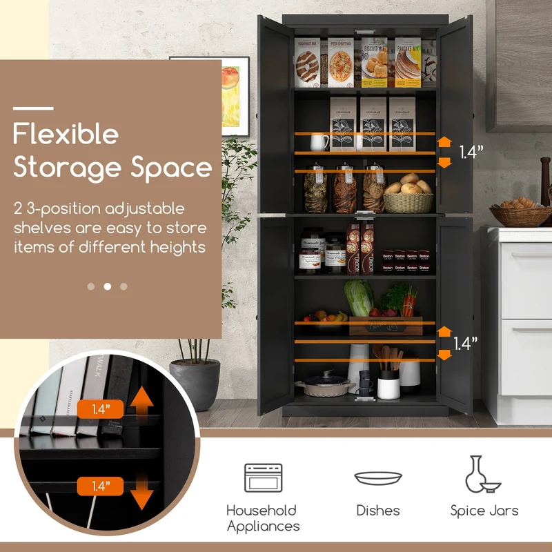 72.5 Inches Tall Buffet Cabinet, 6-Tier Shelves, 4 Doors, Black