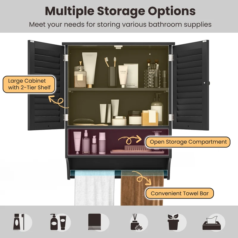 2-Doors Wall-Mounted Medicine Cabinet, Black