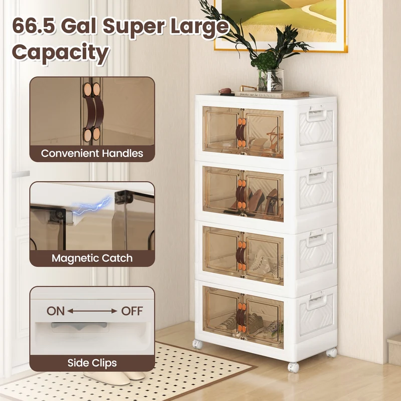 Stackable Storage Bins With Lockable Wheels, 4 Pack, White