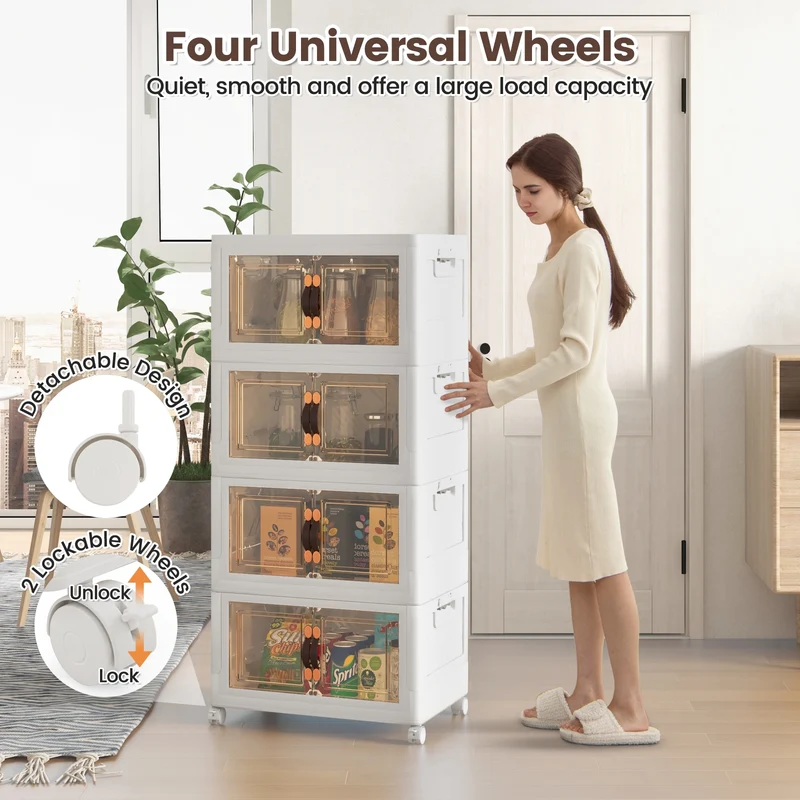 Stackable Storage Bins With Lockable Wheels, 4 Pack, White