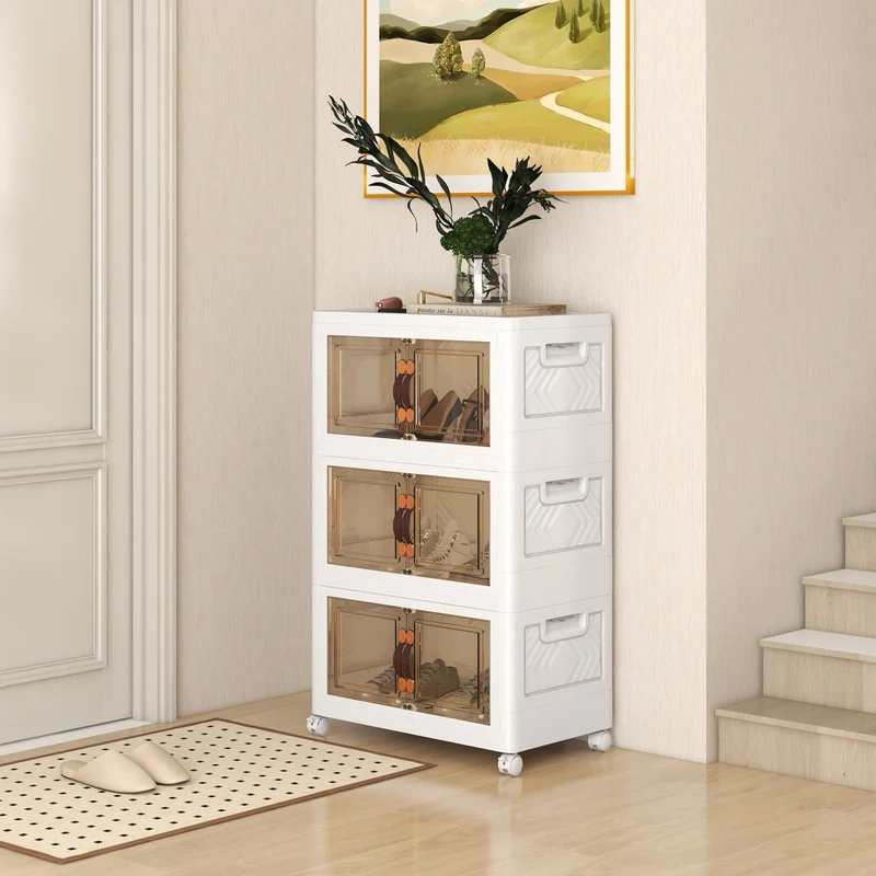 Stackable Storage Bins With Lockable Wheels, 3 Pack, White
