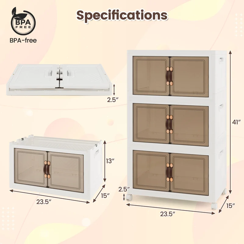 Stackable Storage Bins With Lockable Wheels, 3 Pack, White