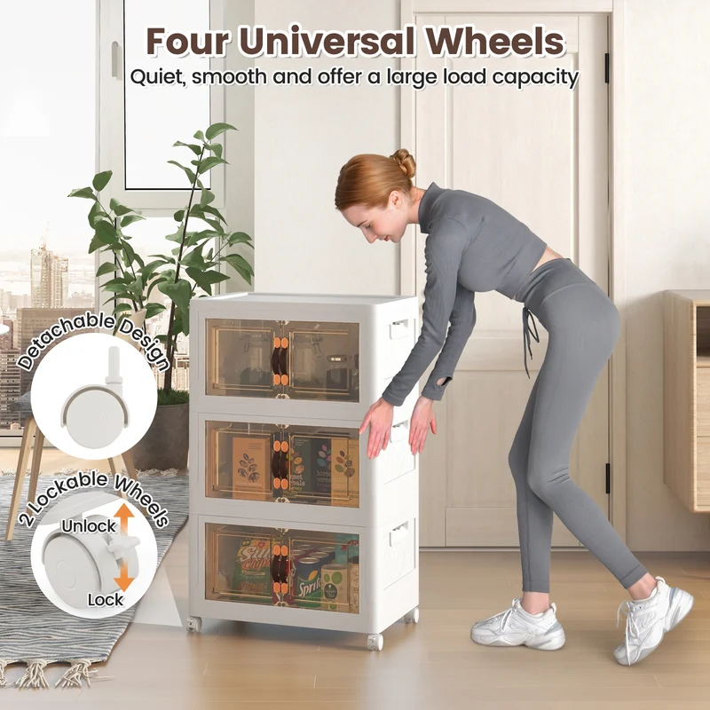 Stackable Storage Bins With Lockable Wheels, 3 Pack, White