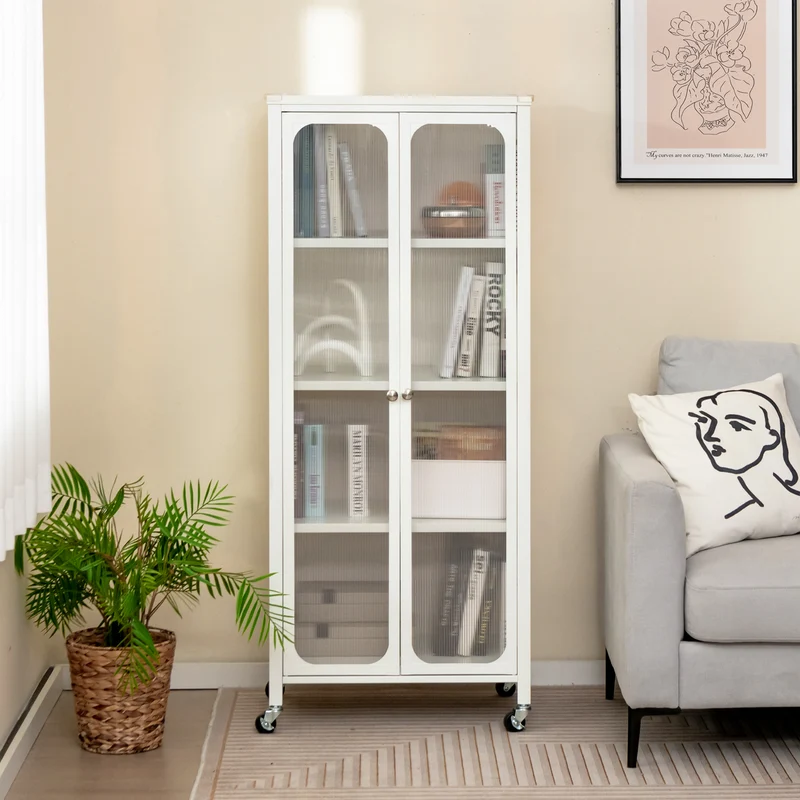 Glass Door Storage Cabinet With Wheels, Adjustable Shelves, White