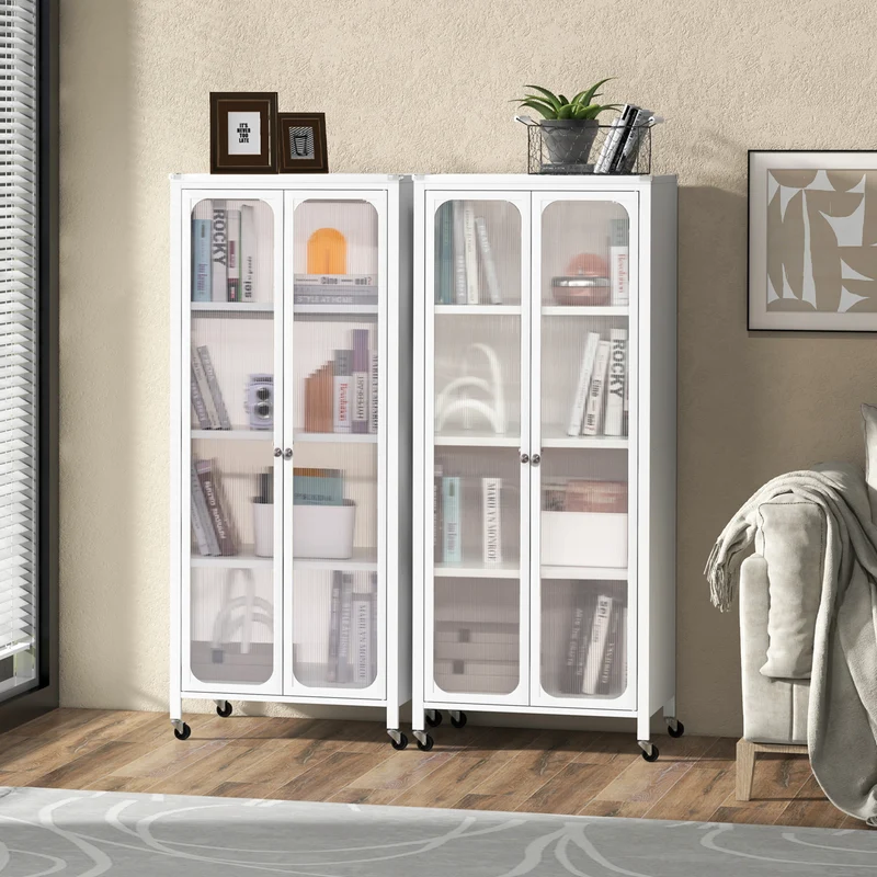 Glass Door Storage Cabinet With Wheels, Adjustable Shelves, White