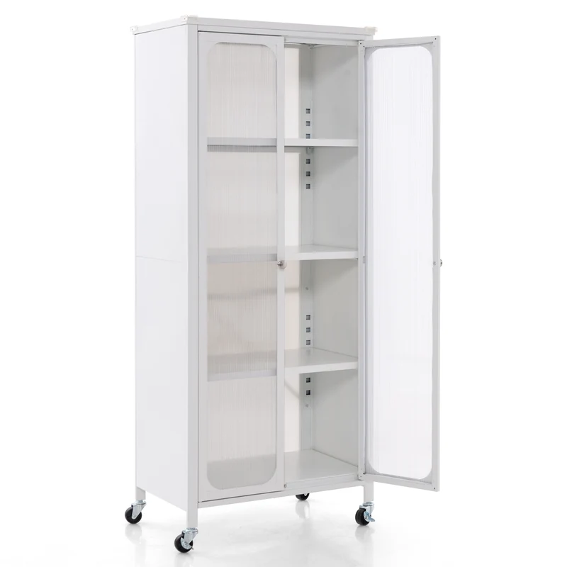 Glass Door Storage Cabinet With Wheels, Adjustable Shelves, White