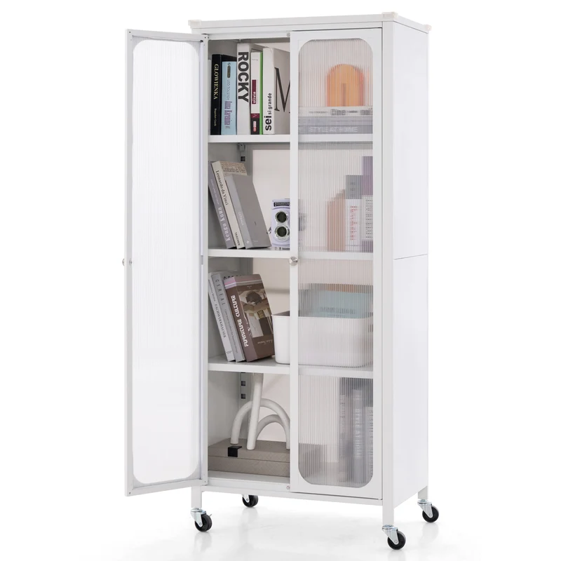 Glass Door Storage Cabinet With Wheels, Adjustable Shelves, White