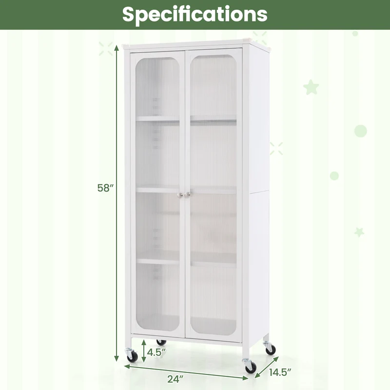 Glass Door Storage Cabinet With Wheels, Adjustable Shelves, White