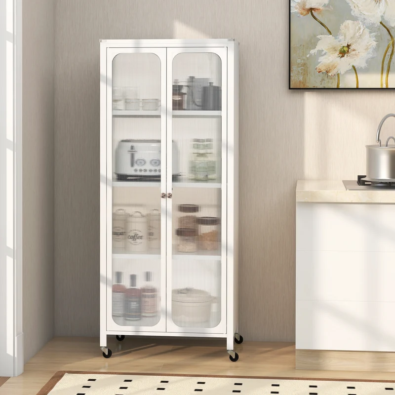 Glass Door Storage Cabinet With Wheels, Adjustable Shelves, White