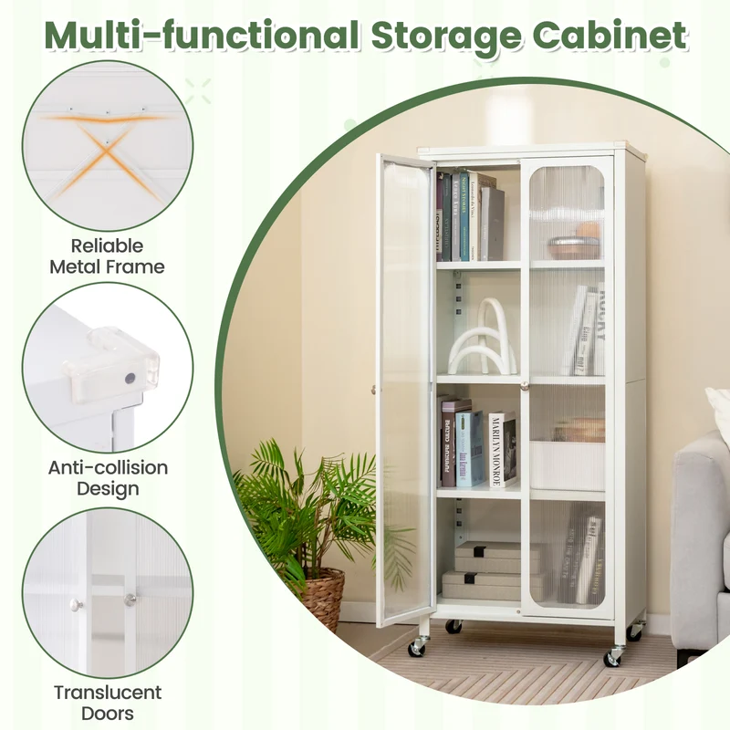 Glass Door Storage Cabinet With Wheels, Adjustable Shelves, White