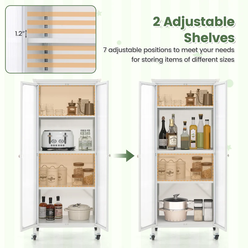 Glass Door Storage Cabinet With Wheels, Adjustable Shelves, White