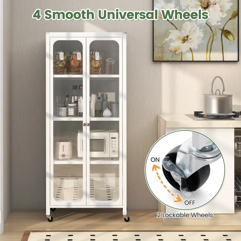 Glass Door Storage Cabinet With Wheels, Adjustable Shelves, White