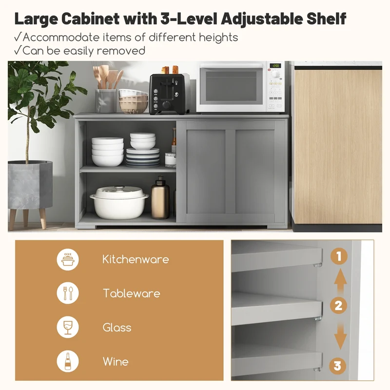 Antique Stackable Kitchen Storage Sideboard, Adjustable Shelf, Gray