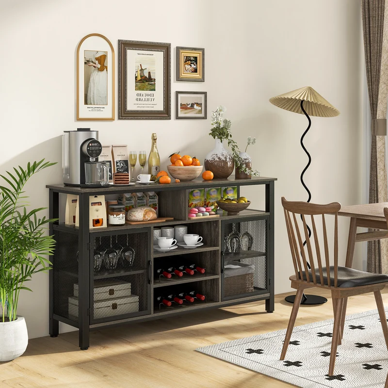 55-Inch Buffet Sideboard, 8-Bottle Wine Racks, Glass Holders, Gray