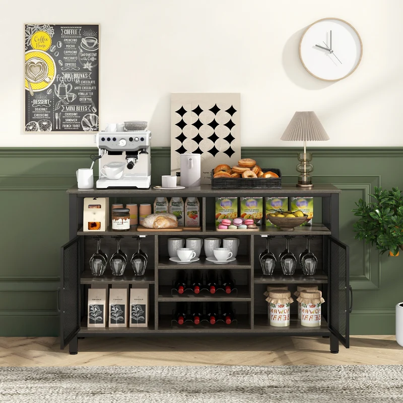 55-Inch Buffet Sideboard, 8-Bottle Wine Racks, Glass Holders, Gray