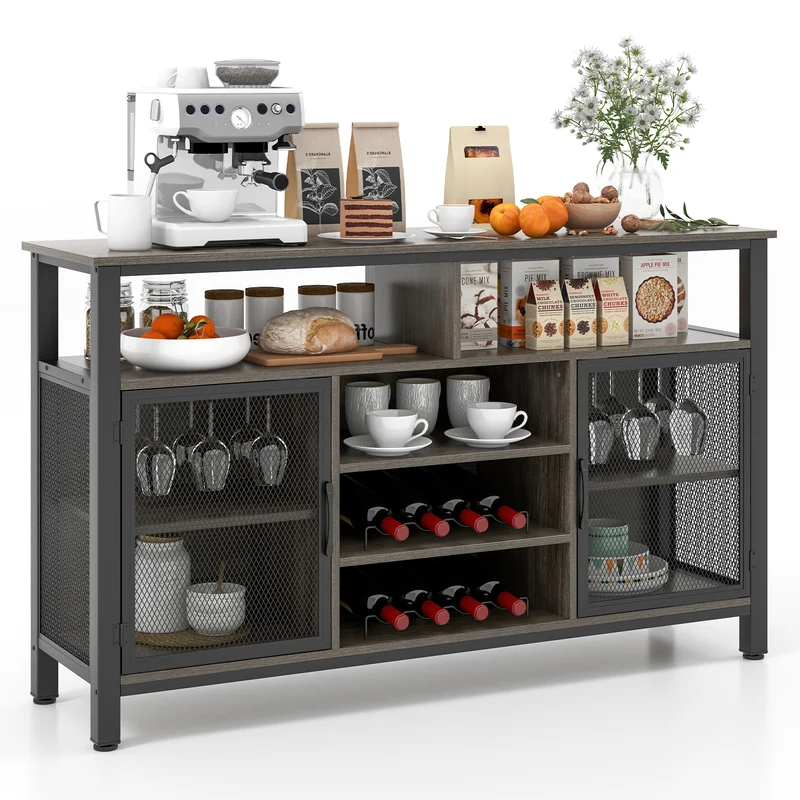 55-Inch Buffet Sideboard, 8-Bottle Wine Racks, Glass Holders, Gray