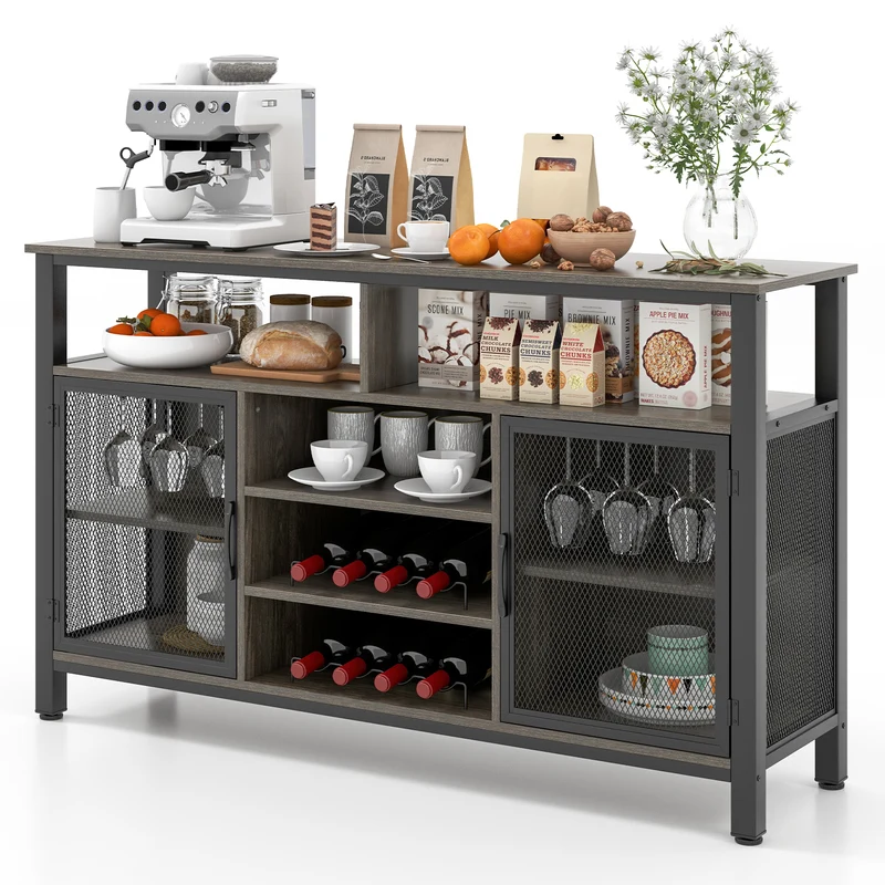 55-Inch Buffet Sideboard, 8-Bottle Wine Racks, Glass Holders, Gray