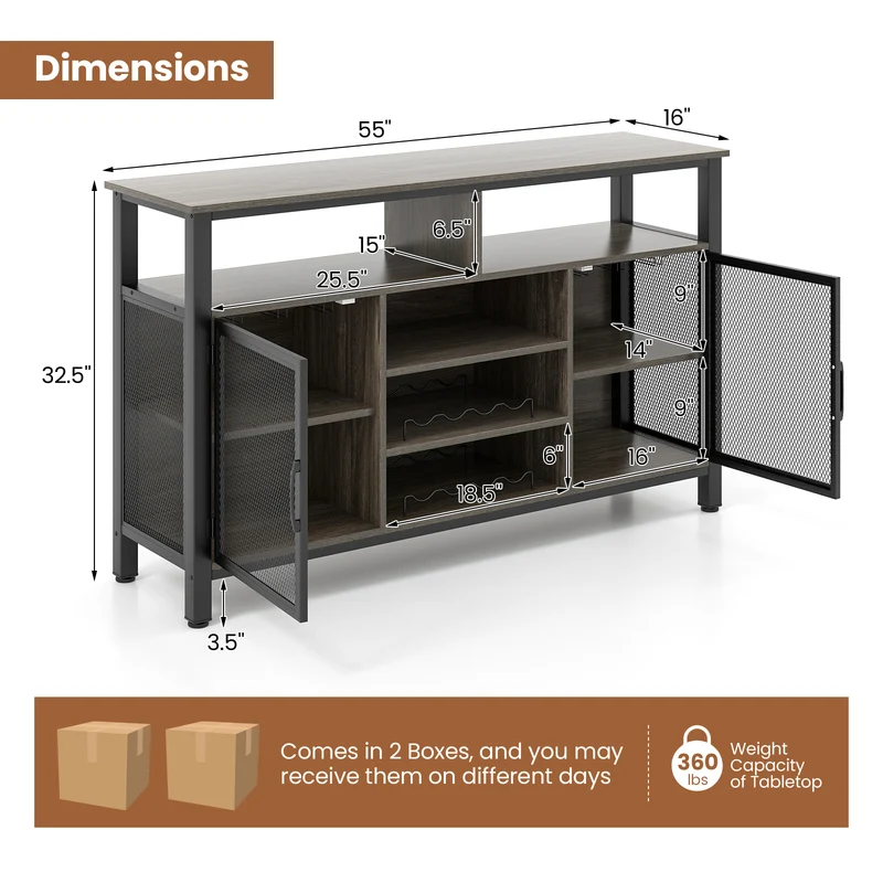 55-Inch Buffet Sideboard, 8-Bottle Wine Racks, Glass Holders, Gray