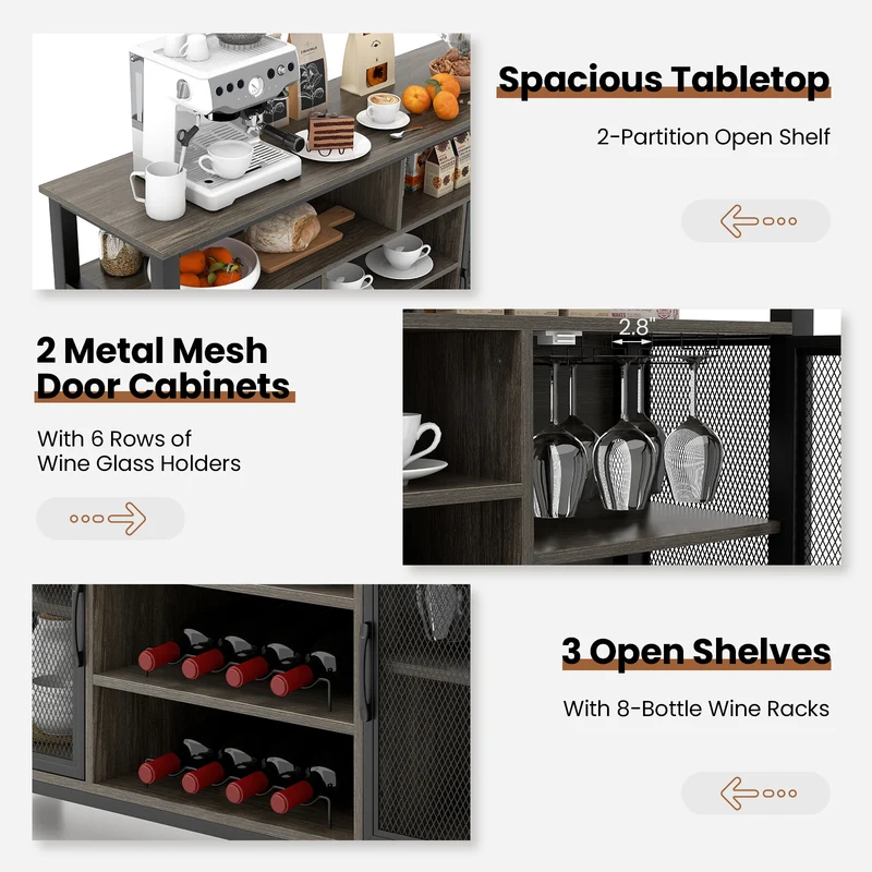 55-Inch Buffet Sideboard, 8-Bottle Wine Racks, Glass Holders, Gray
