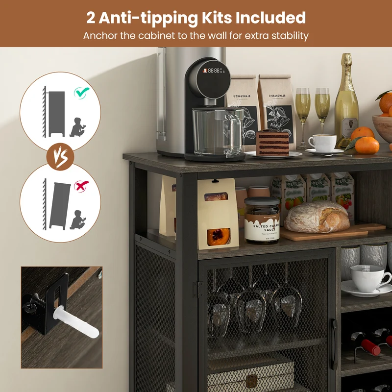 55-Inch Buffet Sideboard, 8-Bottle Wine Racks, Glass Holders, Gray