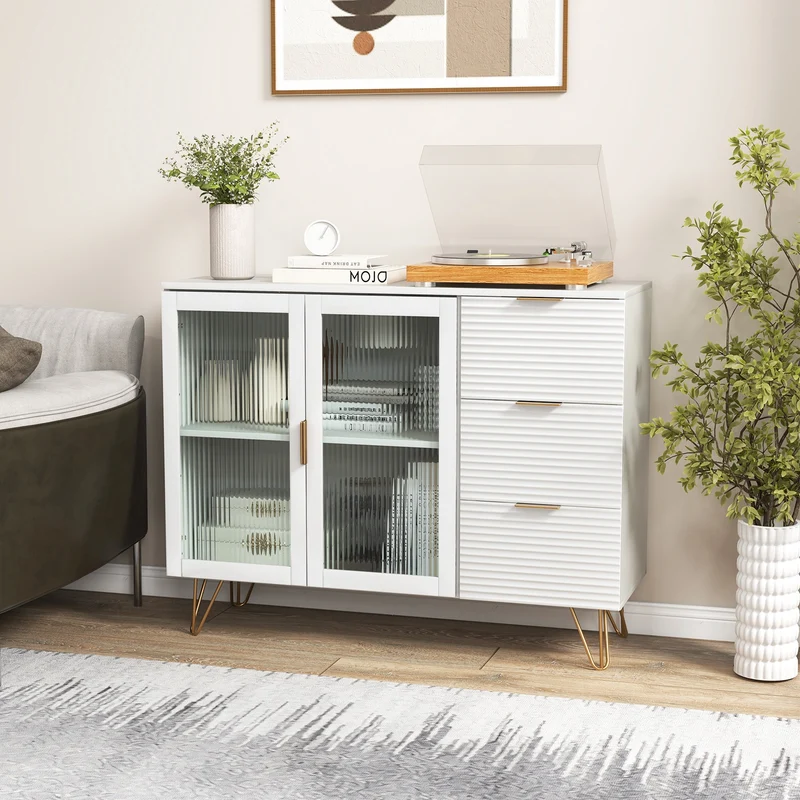 Modern Sideboard Buffet Cabinet, 2 Doors 3 Drawers, Living Dining Room, White
