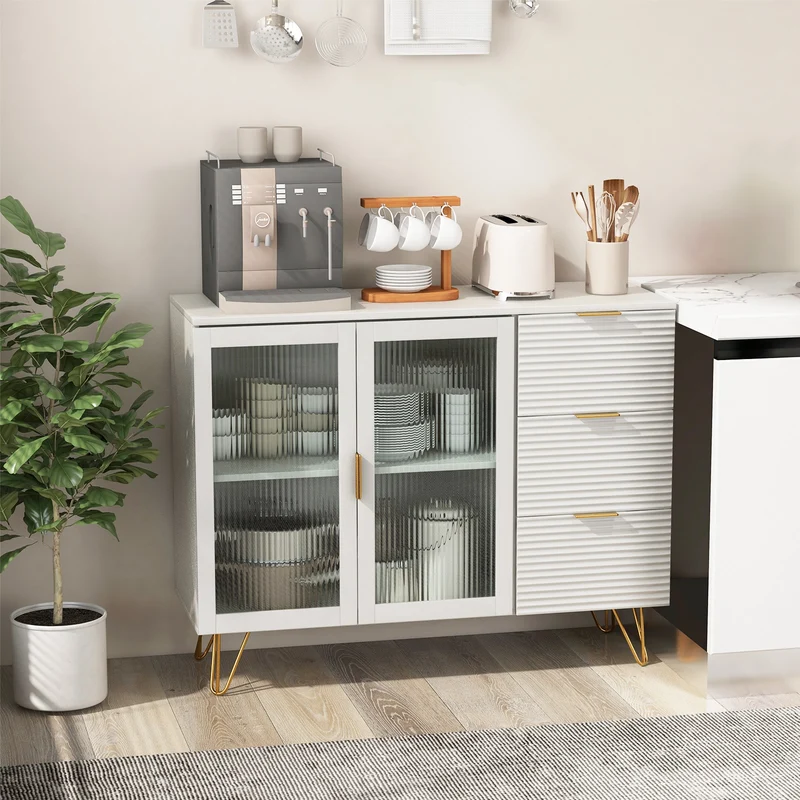 Modern Sideboard Buffet Cabinet, 2 Doors 3 Drawers, Living Dining Room, White