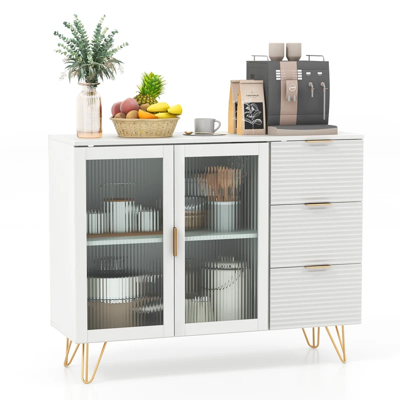Modern Sideboard Buffet Cabinet, 2 Doors 3 Drawers, Living Dining Room, White