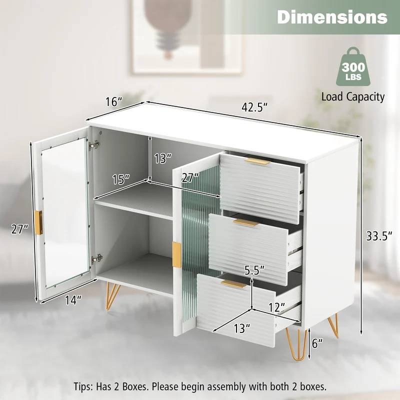 Modern Sideboard Buffet Cabinet, 2 Doors 3 Drawers, Living Dining Room, White