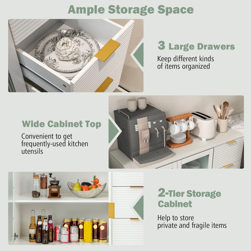 Modern Sideboard Buffet Cabinet, 2 Doors 3 Drawers, Living Dining Room, White