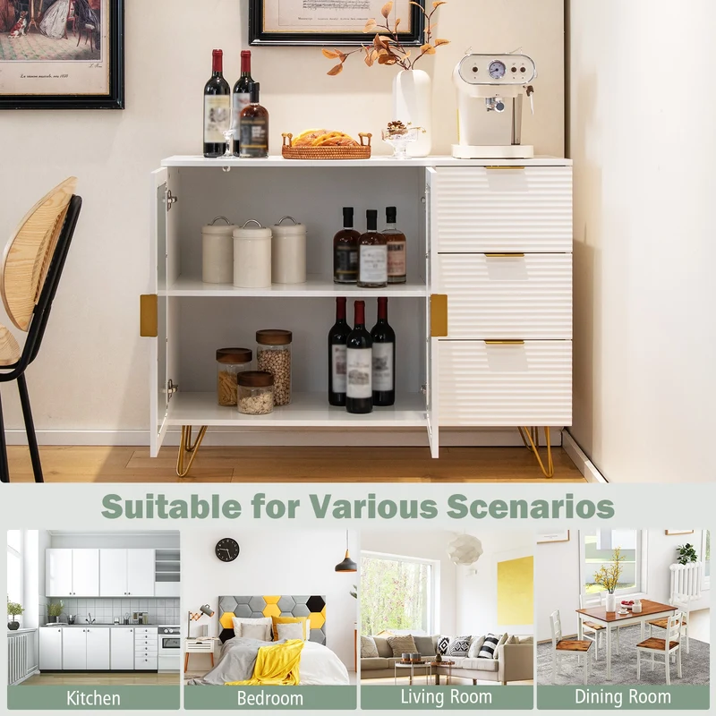 Modern Sideboard Buffet Cabinet, 2 Doors 3 Drawers, Living Dining Room, White