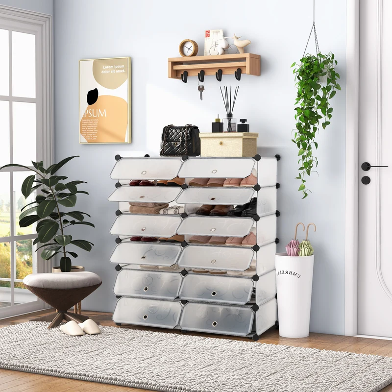 12-Cube Plastic Shoe Rack With Transparent Doors, White