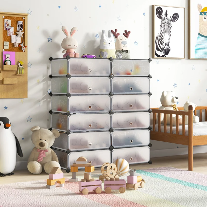 12-Cube Plastic Shoe Rack With Transparent Doors, White