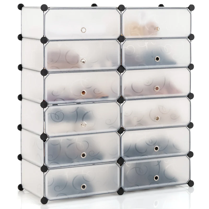 12-Cube Plastic Shoe Rack With Transparent Doors, White