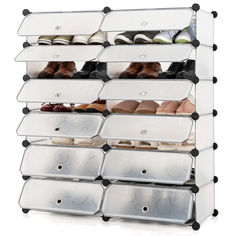 12-Cube Plastic Shoe Rack With Transparent Doors, White