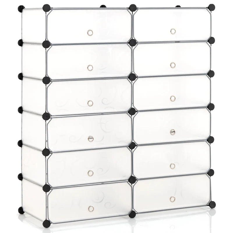 12-Cube Plastic Shoe Rack With Transparent Doors, White