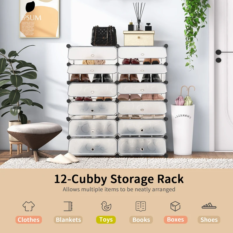 12-Cube Plastic Shoe Rack With Transparent Doors, White